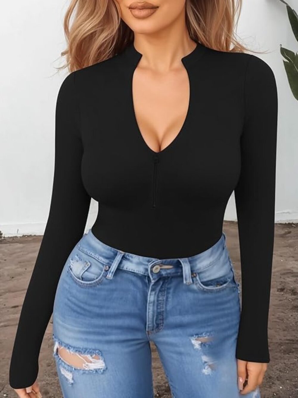 NWOT - HYZ Long Sleeve Bodysuit Mock Turtle Neck Zip Up - Picture 3 of 4